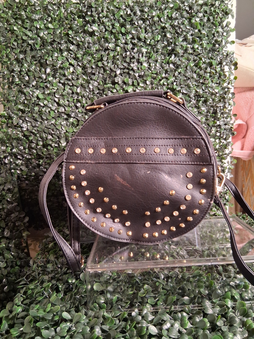 Black Round Crossbody Bag with Gold Stud Details